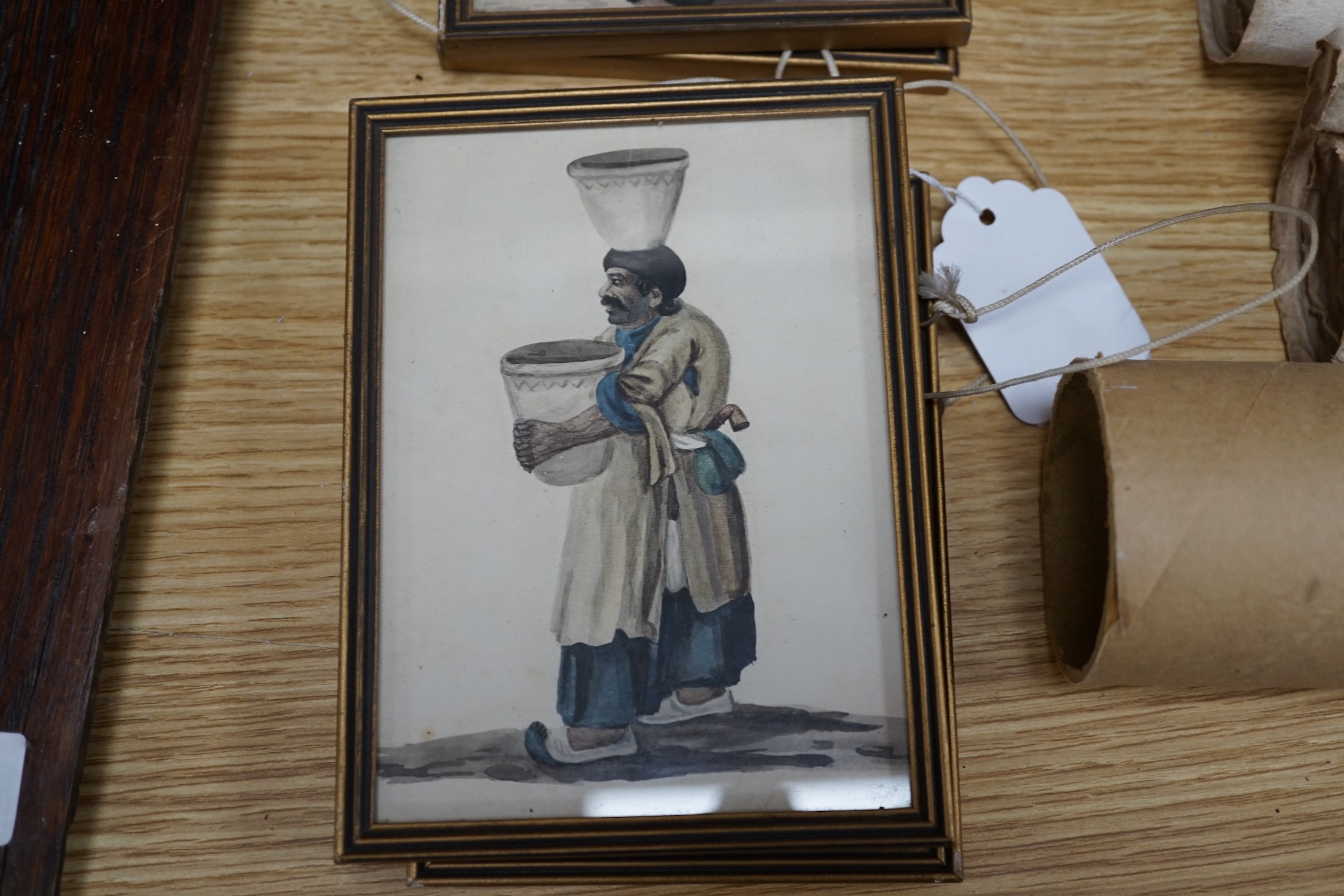 19th century Russian School, eight watercolours, Figure studies including various tradesmen, 14.5 x 10.5cm